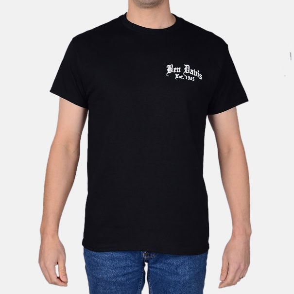 Load image into Gallery viewer, Ben Davis Paisley Logo Short Sleeve T-Shirt - Old English on the front and Paisley Logo on the back of a black tee.
