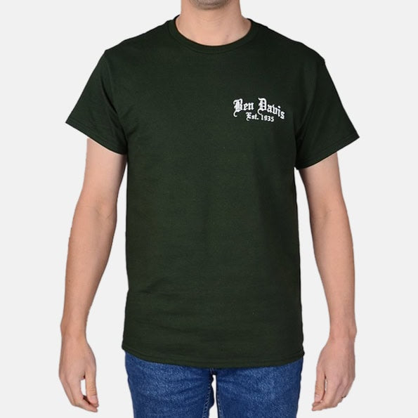 Load image into Gallery viewer, Ben Davis Paisley Logo Short Sleeve T-Shirt - Old English on the front and Paisley Logo on the back of a hunter green tee. 
