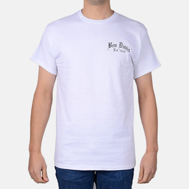 Load image into Gallery viewer, Ben Davis Paisley Logo Short Sleeve T-Shirt - Old English on the front and Paisley Logo on the back of a white tee.
