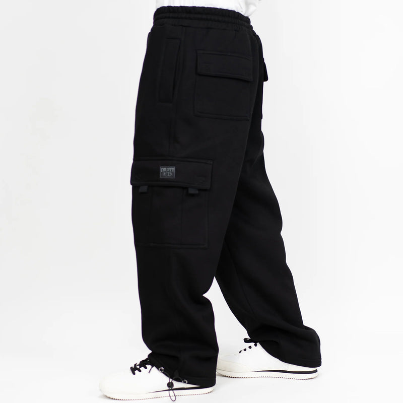 Load image into Gallery viewer, FB County Heavyweight Loose Fit Cargo Sweatpants in black - left side.
