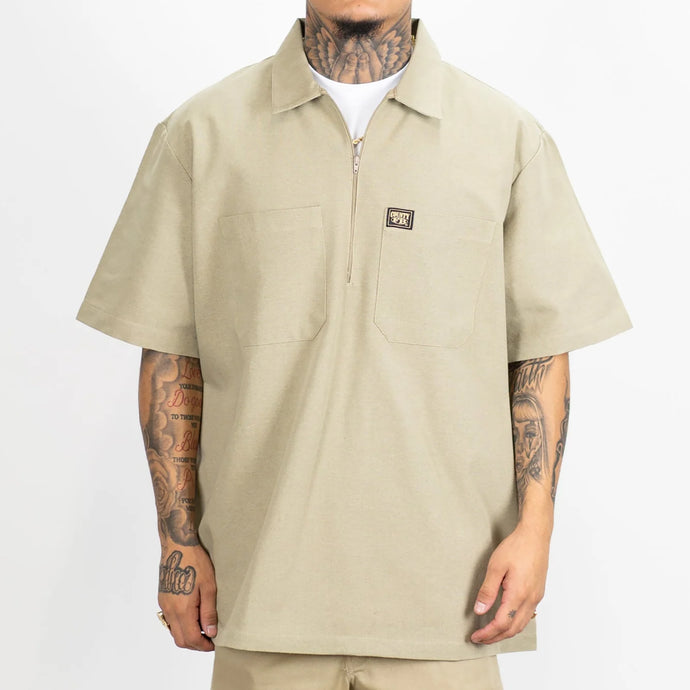 FB County short sleeve half zip shirt in solid khaki color.