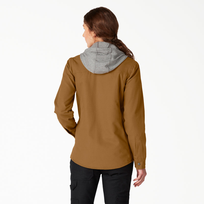 Load image into Gallery viewer, Dickies Women&#39;s Duck Hooded Shirt Jac Brown Duck - Back
