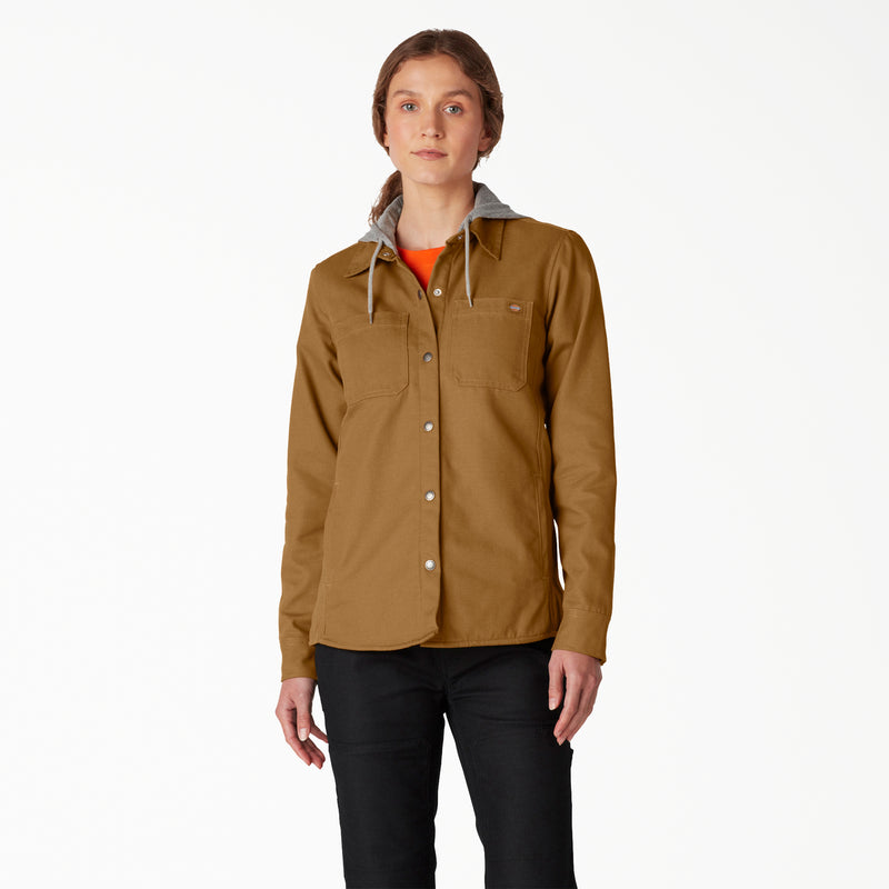 Load image into Gallery viewer, Dickies Women&#39;s Duck Hooded Shirt Jac Brown Duck - Front
