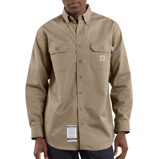 Carhartt Flame-Resistant Loose Fit Classic Midweight Twill Long Sleeve Work Shirt Khaki