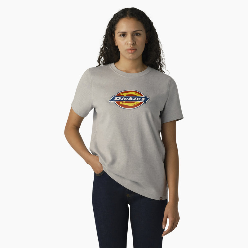 Load image into Gallery viewer, Dickies Women&#39;s Tri-Color Logo Tee - Heather Gray - Front
