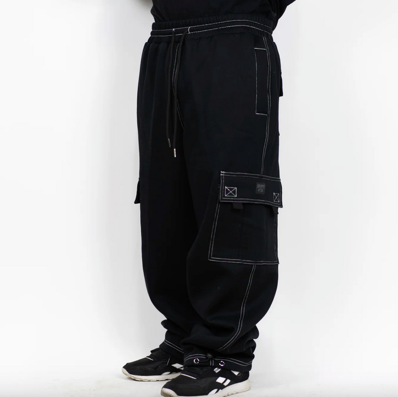 Load image into Gallery viewer, FB County Heavyweight Baggy Cargo Sweatpants - Black w/ White Thread
