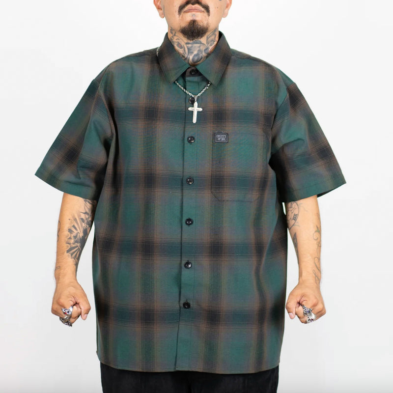 Load image into Gallery viewer, FB County Short Sleeve Checker Flannel Button Up Shirt - Black-Green - Front
