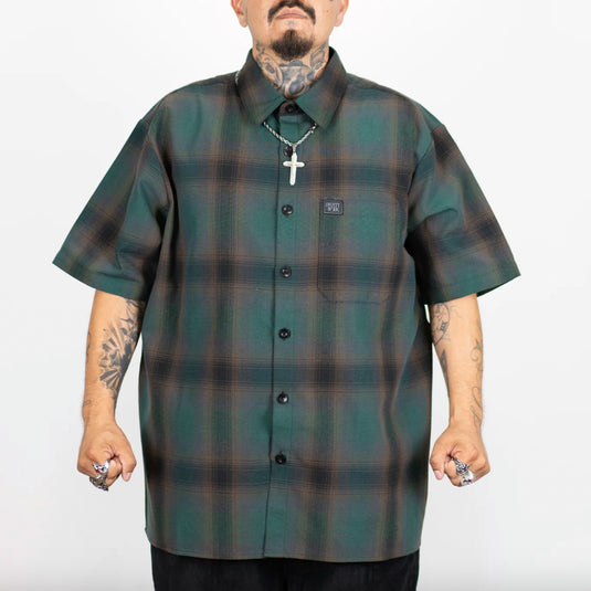 FB County Short Sleeve Checker Flannel Button Up Shirt - Black-Green - Front