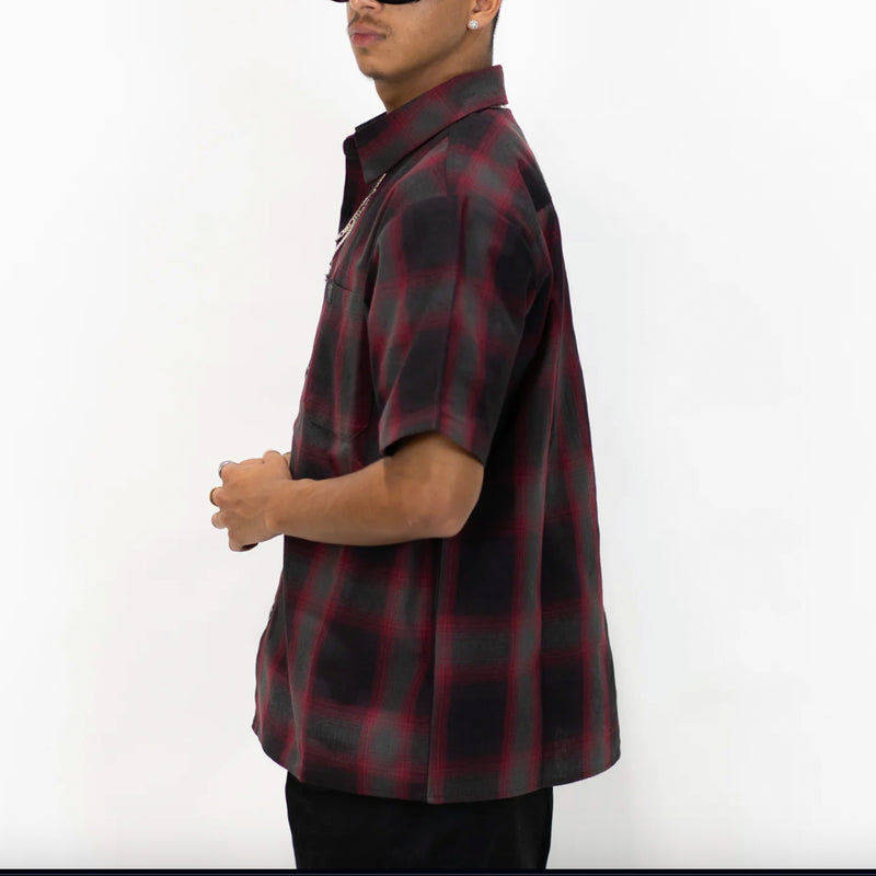 Load image into Gallery viewer, FB County Short Sleeve Checker Flannel Button Up Shirt - Red-Black-Grey - Side
