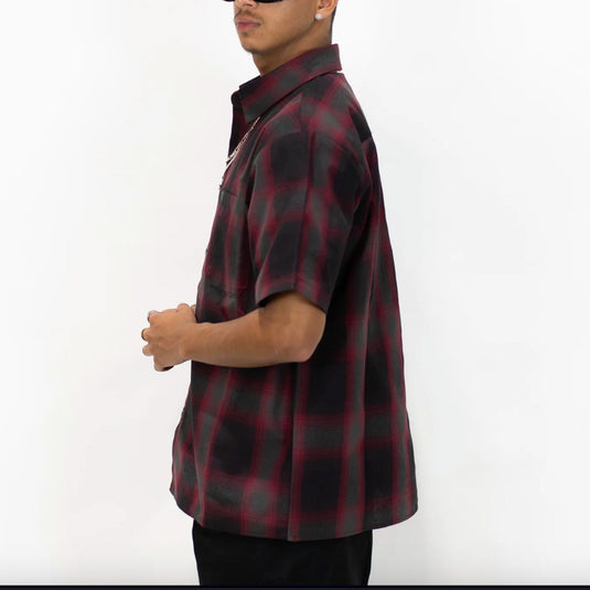 FB County Short Sleeve Checker Flannel Button Up Shirt - Red-Black-Grey - Side